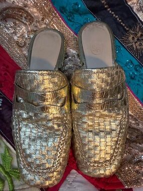 Metallic Gold Woven Leather Slide Loafers by ASH size  leather sole 9 or 9.5